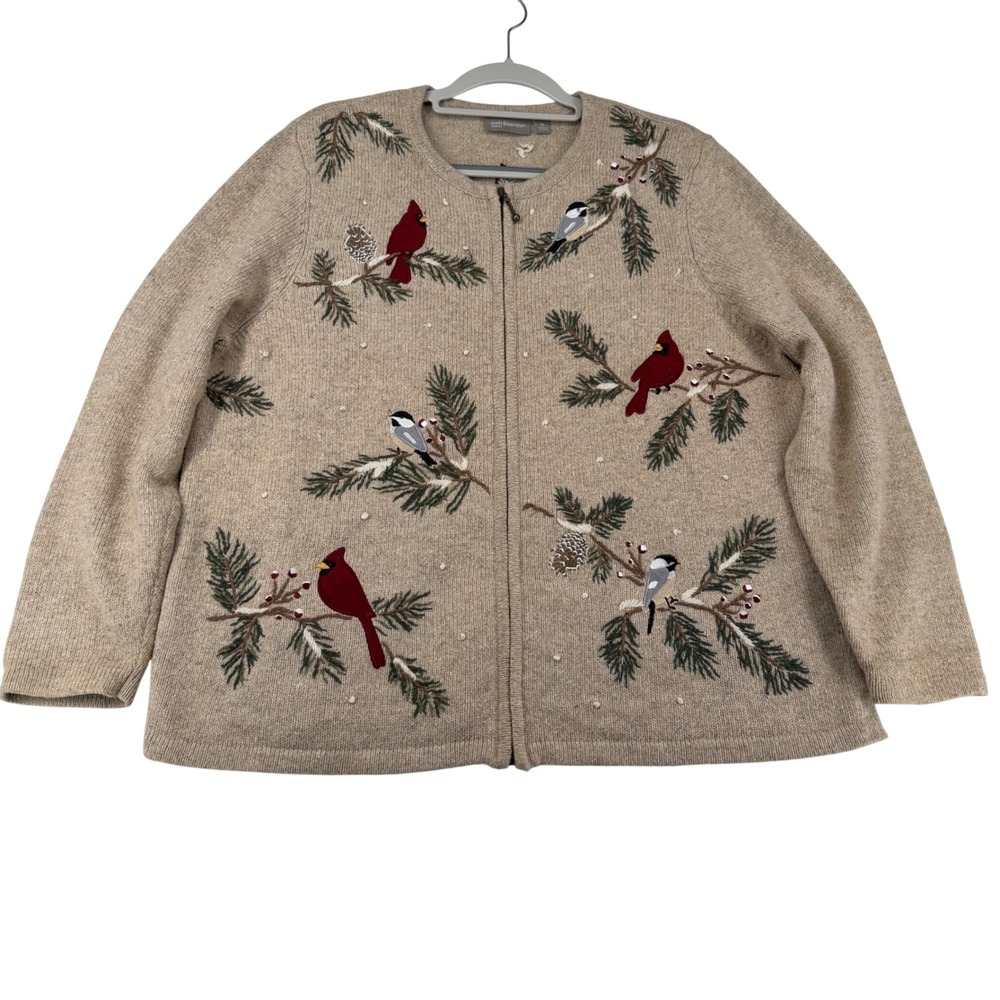 Croft & Barrow Woman Plus 1X Tan Embroidered Cardinal Bird Zip Cardigan Holidays